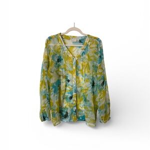 Sheer Kim Rogers floral blouse in yellow and blue colors.